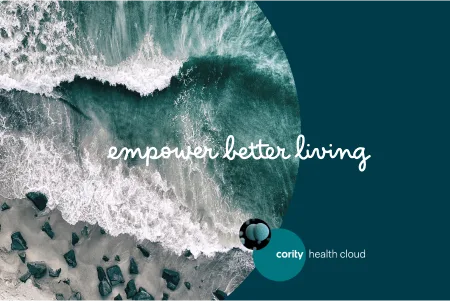 Aerial view of waves and rocks with the text empower better living, highlighting Coritys commitment to risk control, and featuring the Cority Health Cloud logo.