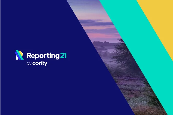 Abstract graphic with Reporting21 by cority logo, colored diagonal bands, and a scenic landscape at sunset—perfect for exploring EU Taxonomy basics or the latest updates.