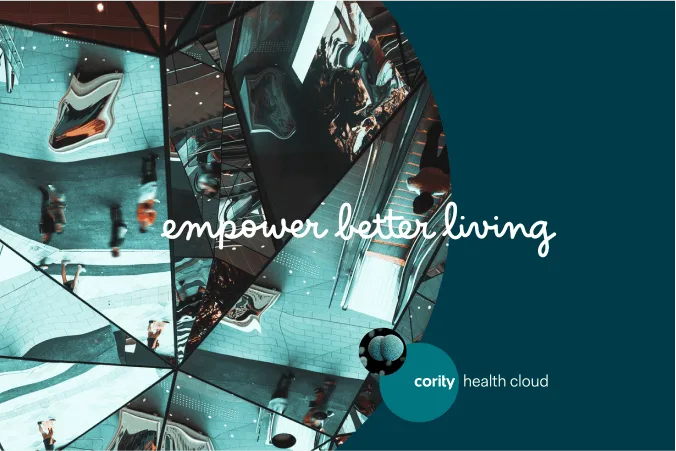 Abstract mirrored reflections with the words empower better living; Cority Health Cloud logo in corner, highlighting workplace safety and participatory ergonomics.