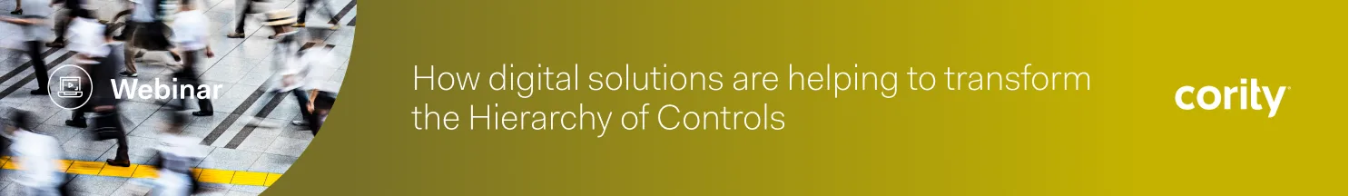 Blurred people walking with text: Webinar - How hoc solutions and digital innovations are transforming the Hierarchy of Controls.