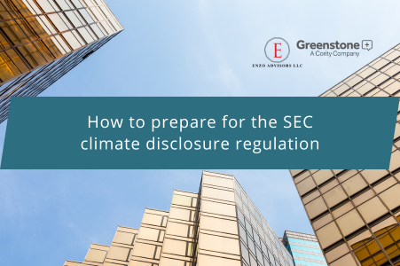 Tall glass buildings with a banner reading How to prepare for SEC compliance and the upcoming Climate Disclosure Regulation.