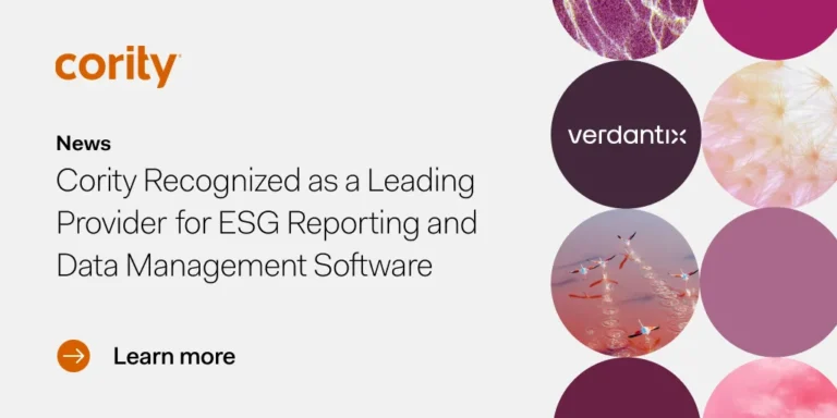 Cority named top Verdantix ESG software provider, featuring circular abstract images and a Learn more button.