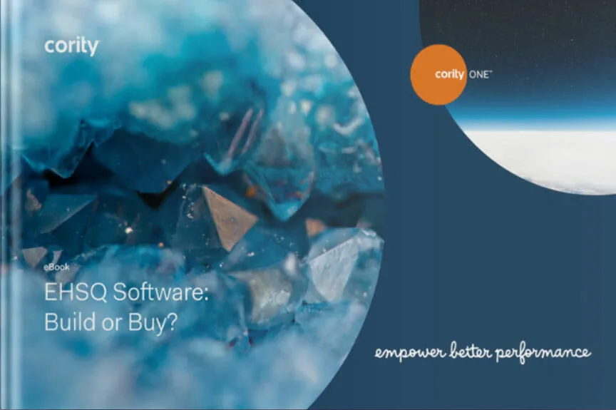 EHSQ Software: Build or Buy? ebook cover featuring blue crystals and Cority branding—explore whether to build or buy EHSQ software for your organization.