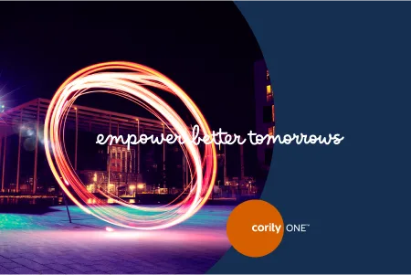 A glowing light circle at night features the words empower better tomorrows, the Cority ONE logo, and highlights seamless EHSQ Software implementations.