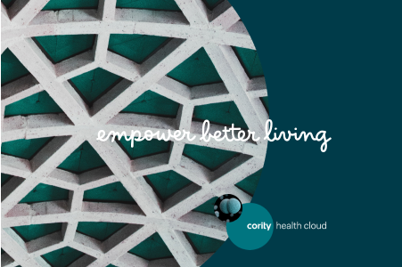 Abstract geometric white lattice on teal background with text: empower better living and Cority Health Essentials logo.