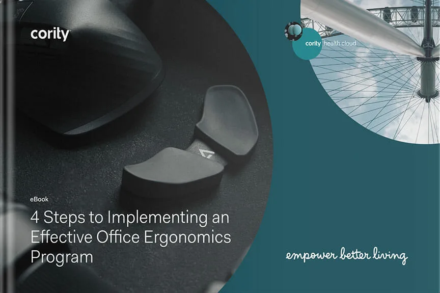 Close-up of ergonomic office equipment and a Ferris wheel with text about an effective office ergonomics program eBook.