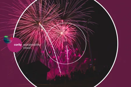 Pink fireworks light up the night sky above a crowd, with a Cority Sustainability Cloud logo overlay, highlighting the future of carbon tracking for investors and private markets.