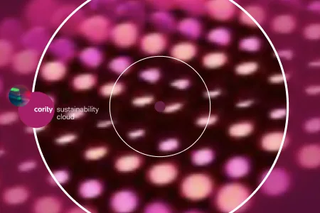 Pink and purple blurred dots with white circles and cority sustainability cloud text on the left, highlighting ESG Data.