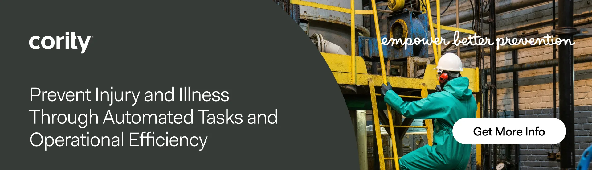 A worker in safety gear climbs a ladder; text highlights injury prevention, safety risk management, and operational efficiency.