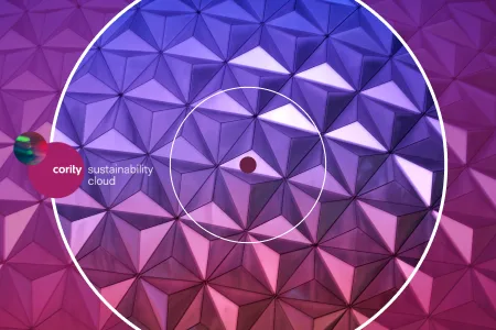 Geometric purple and pink textured background with white circles, cority sustainability cloud logo on the left, and a touch of Sustainability & ESG glossary inspiration.