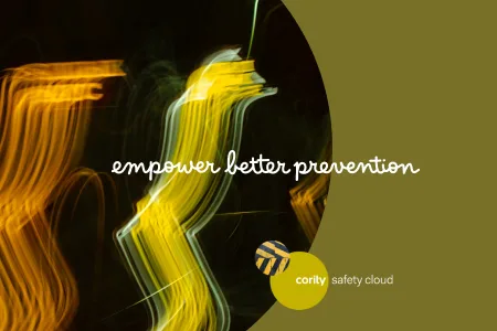 Abstract yellow light trails, text empower better SIF prevention, Cority Safety Cloud logo on olive background highlight technology-led safety solutions.