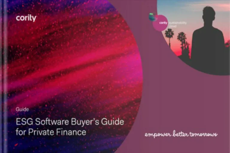 Cover of ESG Software Buyer’s Guide for Private Finance, featuring an abstract pink design and a silhouette of a person—your essential resource for discovering leading ESG software for private finance.