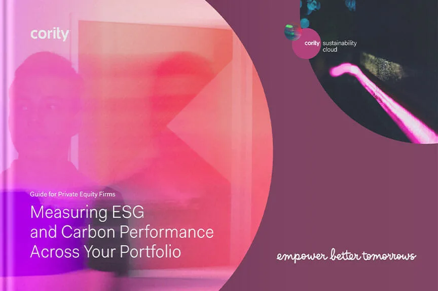 Guide cover with abstract pink shapes, a blurred person, and text about ESG and portfolio carbon performance measurement.
