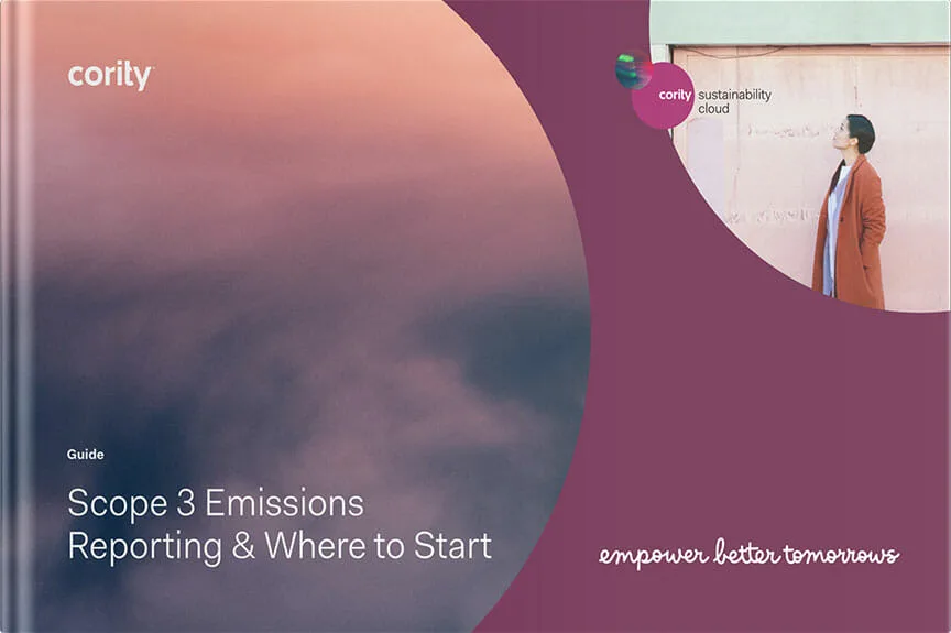 Cover of a guide on Scope 3 emissions reporting, featuring a woman in a coat looking at a pink wall, highlighting the importance of sustainability in todays business landscape.