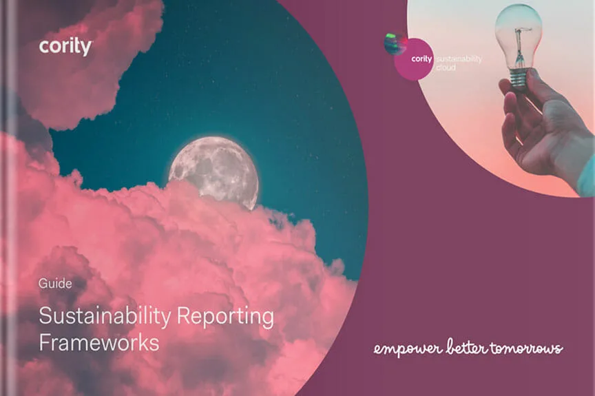 A full moon above pink clouds, with a hand holding a lightbulb on a purple background. Text: Exploring sustainability reporting frameworks.