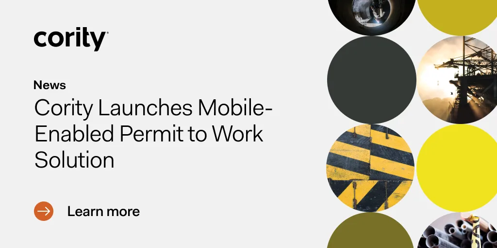 Cority unveils a mobile-enabled permit to work solution, featuring vibrant safety-themed circular images on the right.