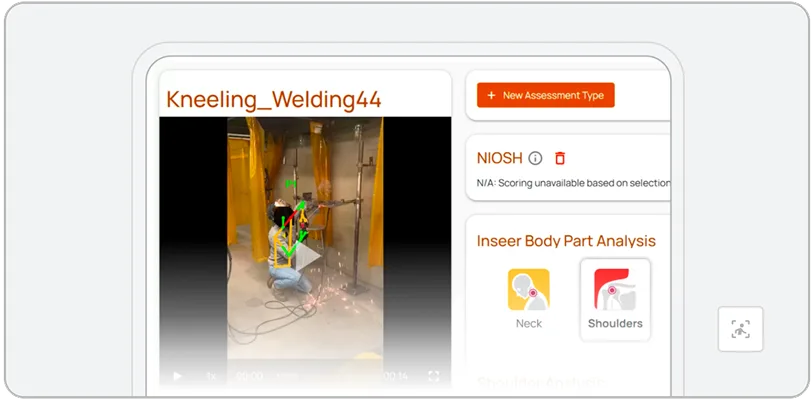 A person kneels while welding metal in an industrial setting. The screen from a Mobile EHS Solution displays analysis tools and highlights body parts, with Neck and Shoulders options visible on the right panel.