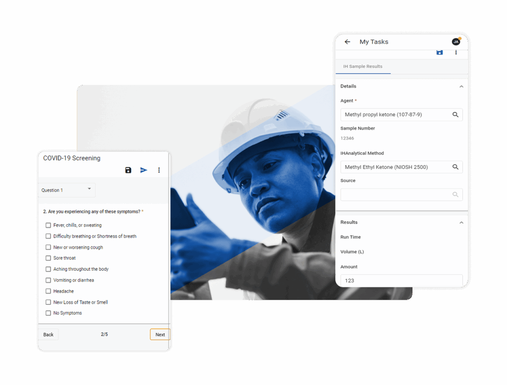 A digital interface from a Mobile EHS Solution displays a COVID-19 screening questionnaire and test task details over a blue-toned image of a worker in a hard hat inspecting equipment.