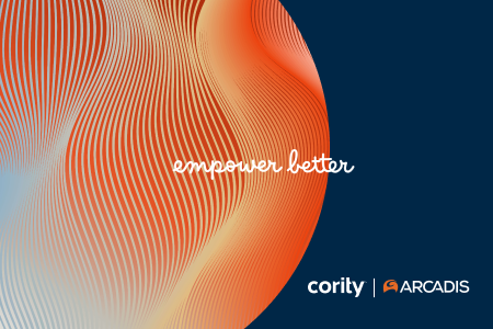 Abstract orange and blue wavy lines with the text empower better, highlighting EHS trends for 2023, plus logos for Cority and Arcadis.