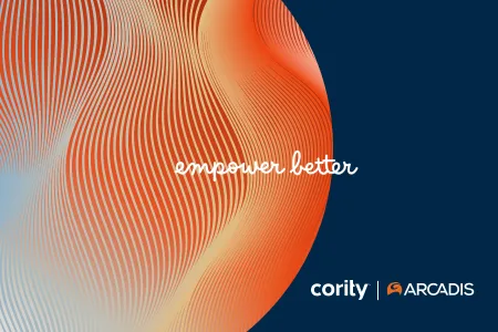 Abstract orange and blue wavy lines with the text empower better, highlighting EHS trends for 2023, plus logos for Cority and Arcadis.