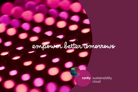 Pink and purple lights illuminate the text empower better tomorrows alongside the Cority Sustainability Cloud logo, highlighting the importance of ESG data collection and optimizing sustainable outcomes.