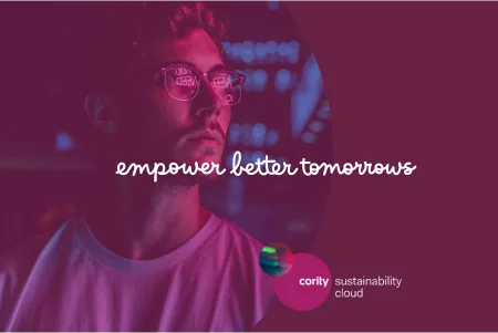 Man in glasses with neon reflections and text empower better tomorrows above cority sustainability cloud logo, highlighting GHG Data Centers.