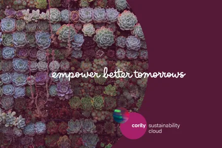 A wall of succulents with the text empower better tomorrows, a corily sustainability cloud logo, and a nod to CSRD & ESRS compliance.