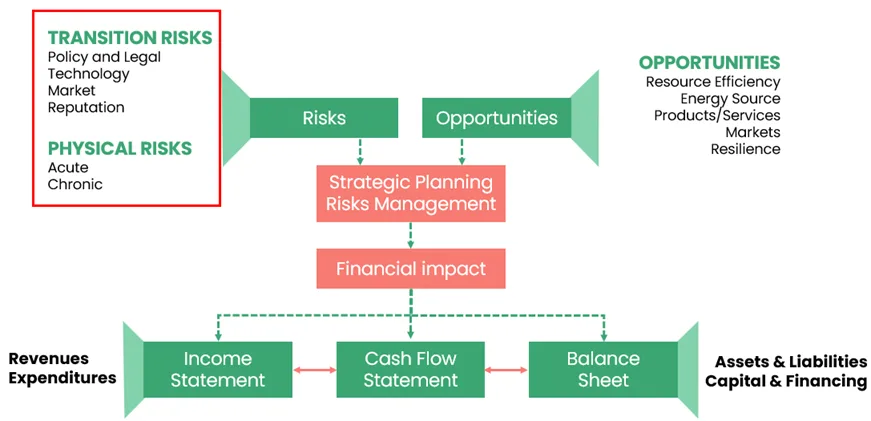 A flowchart showing TCFD Climate Risk transition and physical risks, opportunities, and financial impacts on business statements.