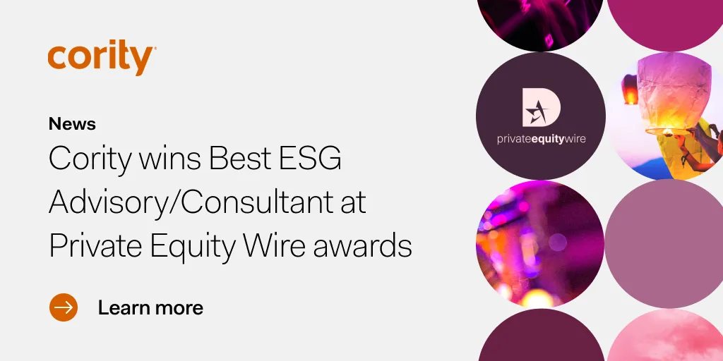 Cority Best ESG Advisory winner at Private Equity Wire awards; colorful circles and logos displayed on the right.