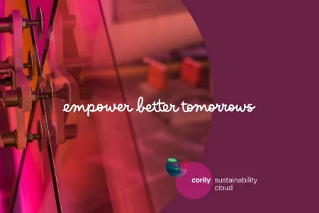 Slogan empower better tomorrows with gears and cority sustainability cloud logo on a purple background, featuring insights from the Sustainable Procurement Guide.