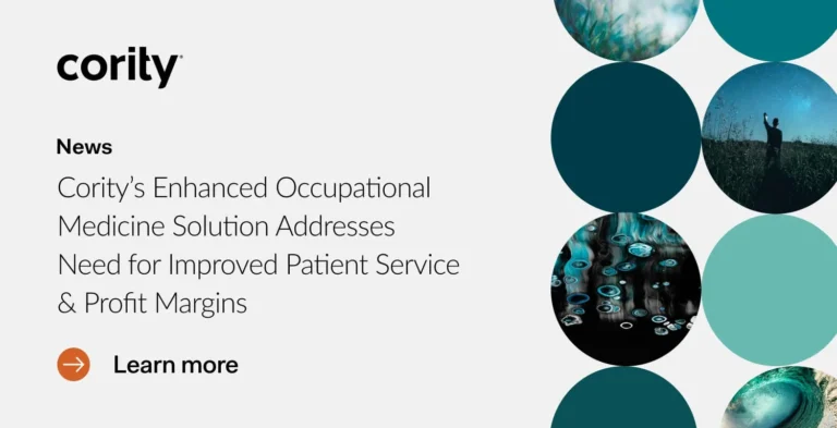 Cority news update featuring text and circular images of nature, water, and sky on a white and teal background—highlighting advancements in occupational medicine services.