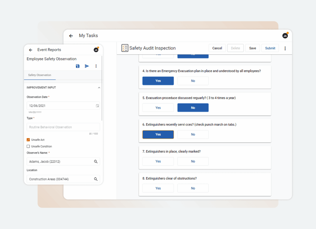 A digital interface for quality and safety management displays an Employee Safety Observation form on the left and a Safety Audit Inspection checklist with yes/no questions on the right, all within a task management software.