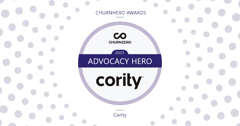 ChurnZero 2023 Advocacy Hero and Customer Success Award presented to Cority, surrounded by a dotted background pattern.