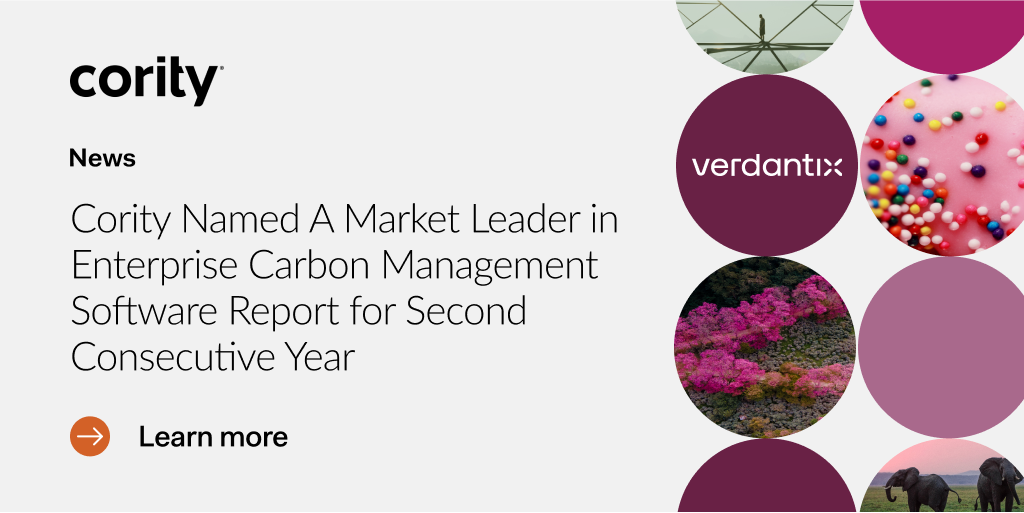 Cority named market leader in carbon management software by Verdantix for second year; various circle images highlight its innovative carbon management software solutions.