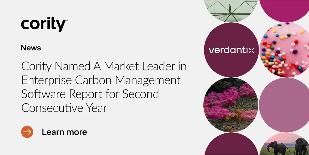 Cority named market leader in carbon management software by Verdantix for second year; various circle images highlight its innovative carbon management software solutions.
