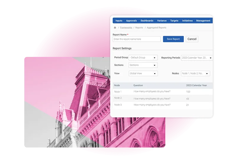 A digital interface displays CSR Sustainability report settings and a form overlaying a pink-tinted photo of a historic building with a clock tower and ornate architecture. The form includes fields for report name, period, and employee questions.