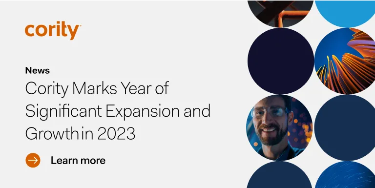 Cority announces significant cority expansion and growth in 2023, with circular abstract images featured on the right.