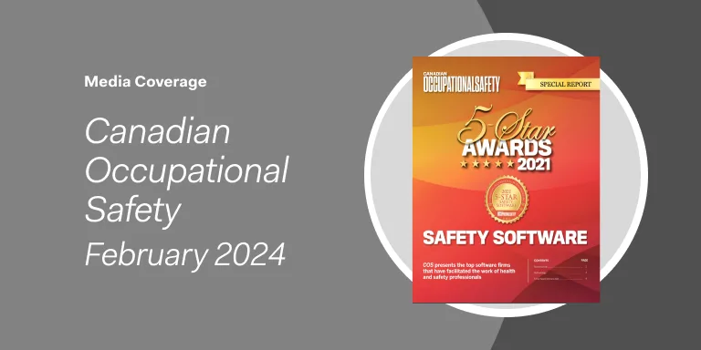 Cover of Canadian Occupational Safety’s 5-Star Awards 2021 issue on safety software, featuring Cority and SDS library solutions, with a gold award badge.