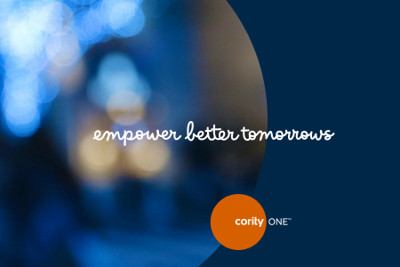 Blurred blue background with the words empower better tomorrows, highlighting digital transformation and centralization, alongside a cority ONE™ orange logo.