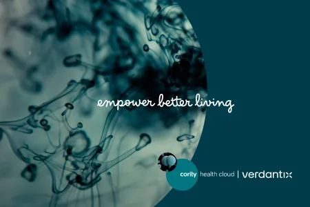 Blue abstract background with ink swirls, text reads empower better living, featuring Cority Health Cloud and Verdantix logos—highlighting Employee Wellbeing and innovative technology.