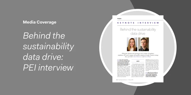 PEI interview article on the Sustainability Data Drive shown on a gray background with two headshots.