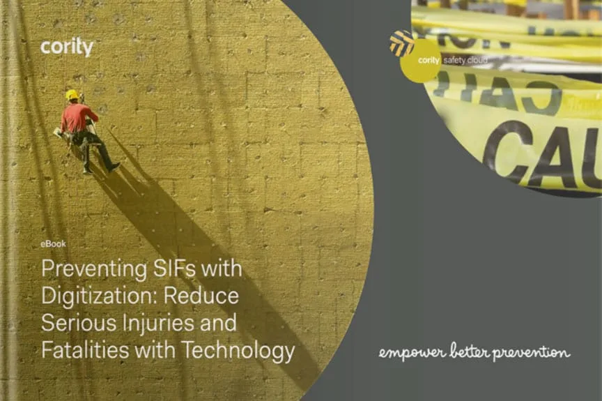 A worker with safety gear stands on a yellow wall; caution tape and safety text overlay the image, highlighting the importance of preventing SIFs with technology.
