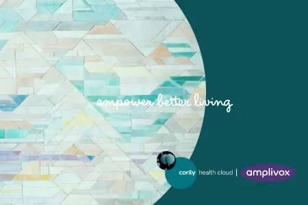 Abstract pastel geometric pattern with text empower better living and Cority Health Cloud and Amplivox logos, highlighting occupational health for a future-ready workplace.