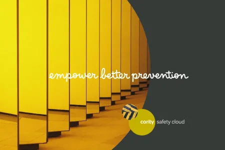 Yellow mirrored panels with the text empower better prevention and cority safety cloud, highlighting error-proof solutions for your safety program, set against a dark gray background.