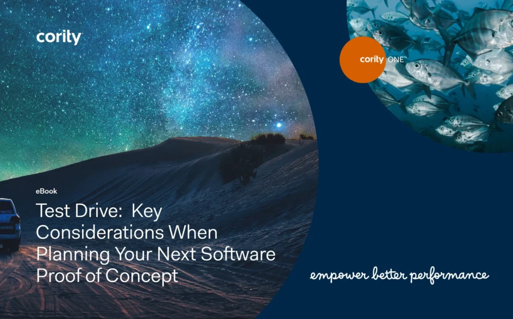 A starry night sky over sand dunes with white text promoting a Cority eBook about software proof of concept and key considerations before taking a test drive.