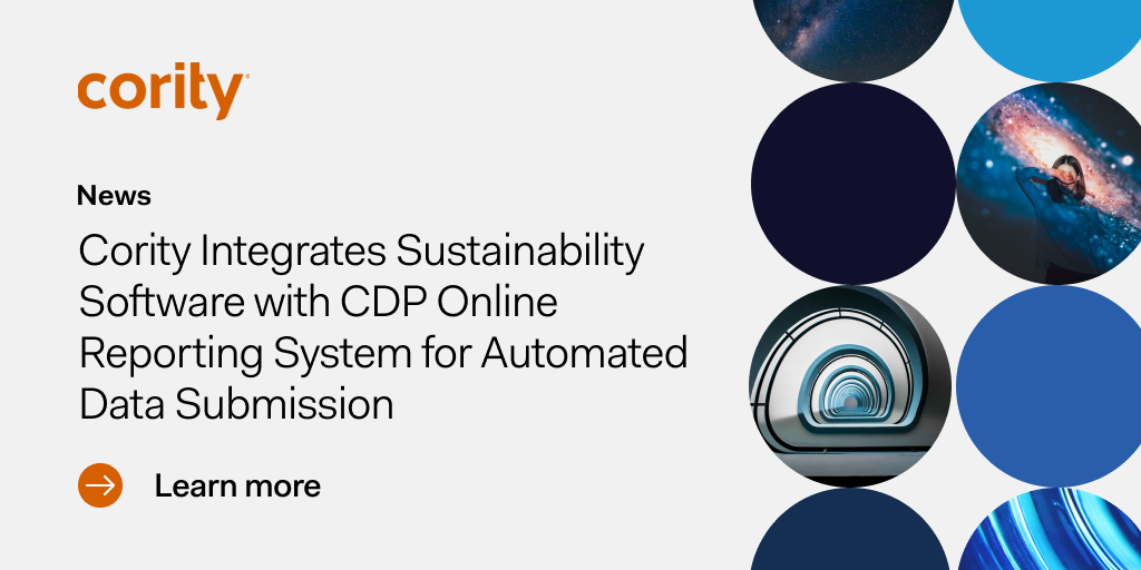 Cority integrates CDP sustainability software, enabling automated data submission; Learn more button shown.