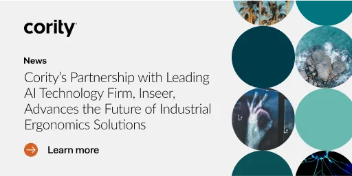 Cority partners with Inseer to advance industrial ergonomics through AI technology; abstract graphics and photos on the right.