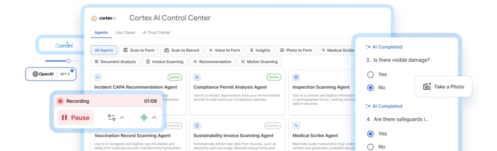 Screenshot of the Cortex AI Control Center interface, highlighting EHS with AI through various agent cards, tabs, a sidebar of options, a voice recording popup, and a survey-style question on visible damage with Yes and No choices.
