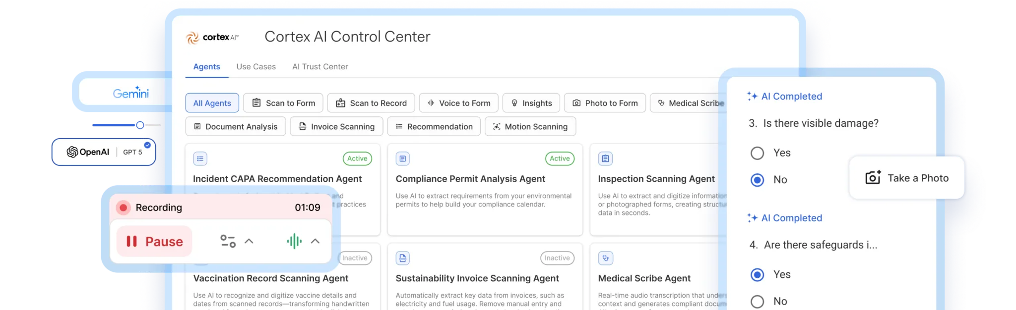 Screenshot of the Cortex AI Control Center interface, highlighting EHS with AI through various agent cards, tabs, a sidebar of options, a voice recording popup, and a survey-style question on visible damage with Yes and No choices.