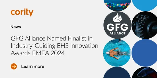 Cority names GFG Alliance as a finalist in the EHS Innovation Awards EMEA 2024, with related icons and graphics.